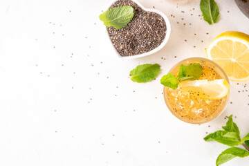 Iced chia seeds tea or lemonade, trendy healthy refreshing chia infused drink, alternative natural...