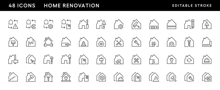 House renovation icon collection. House, repair, renovate, construction, remodeling, home improvement and more. Editable stroke. Pixel Perfect. Grid base 32 x 32. - Powered by Adobe