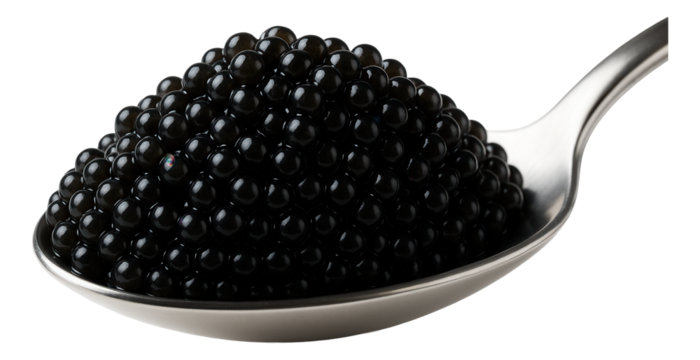 A spoonful of glossy black caviar pearls on a metal spoon showcases their luxurious texture and appearance.