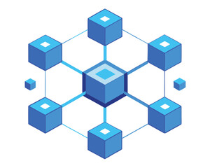 Obraz premium Isometric Blue Cube Network Decentralized System with Central Node and Peripheral Connections