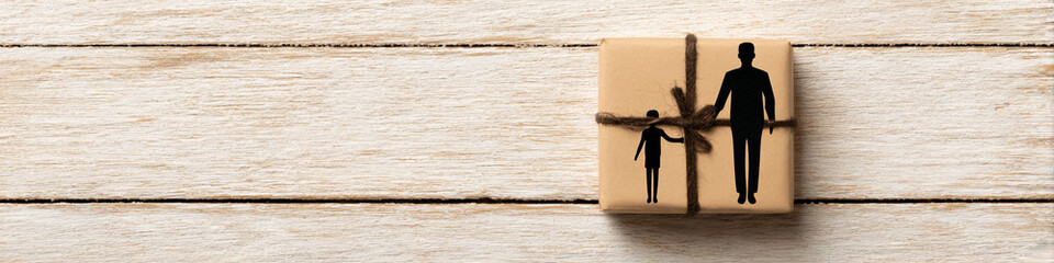 A wrapped gift with a twine bow and a silhouette of a father and child on a wooden plank background