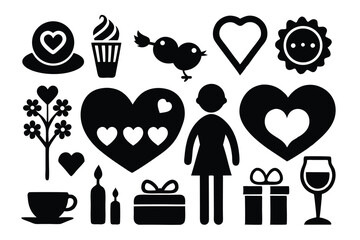 Assorted Black Silhouette Icons Hearts, Bird, Woman, Flowers, Gifts, Drinks, and Candles