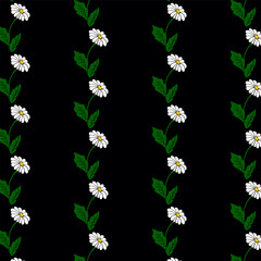 Seamless pattern with chamomile flowers and greenery on black background stylish and bold botanical design.