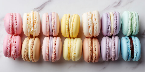 pastel macarons on marble countertop