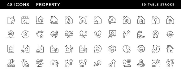 Property icon collection. Real estate, relator, mortgage, house loan, house rent, rent cost, ownership and more. Editable stroke. Pixel Perfect. Grid base 32 x 32.