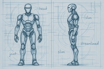 Hand-Drawn Humanoid Robot Concept Sketch – Front and Side Blueprint View