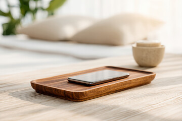 wireless charging station on wooden nightstand bathed in soft morning light