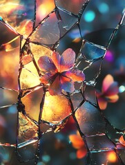 Vibrant flower amidst shattered glass, surreal art.