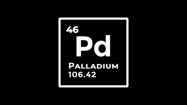 Palladium, chemical element of the periodic table graphic animation. Alpha channel. Transparent background motion design. 4K resolution