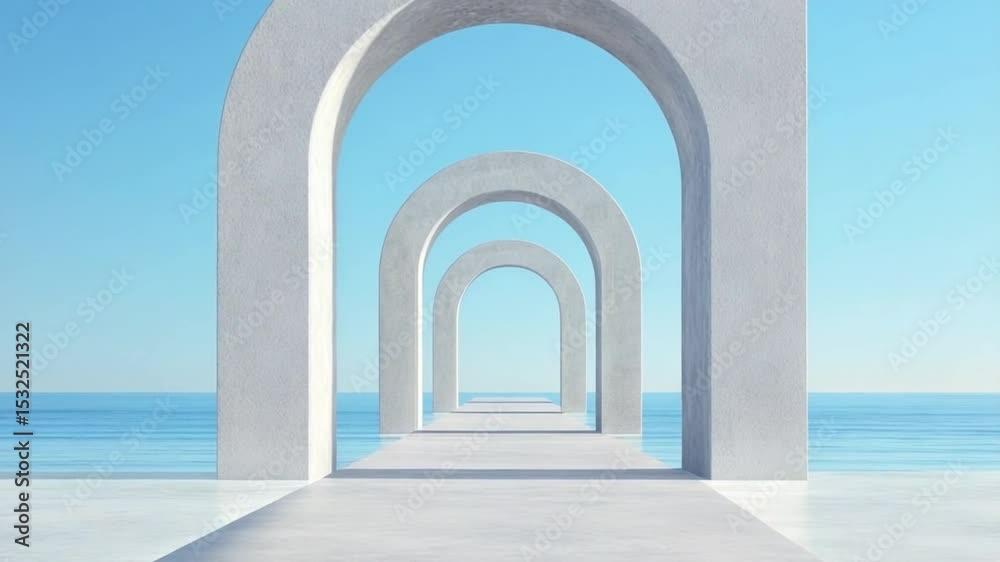 Poster arches of serenity: a mesmerizing minimalist landscape featuring a series of pristine white arches g