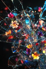 Ultra high resolution illustration of shattered glass with radial cracks and vivid rainbowcolored shards