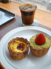 egg tart dessert coffee plate cafe strawberry