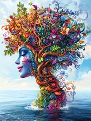 Vibrant woman, floral head, butterfly, ocean, surreal art