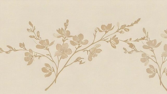 Floral Pattern Design with Beige Flowers and Branches on Fabric Background Elegant and Vintage Botanical Art Spring Theme