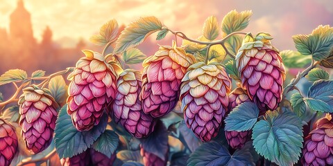 Vibrant hop cones at sunset.  Brewing, nature.