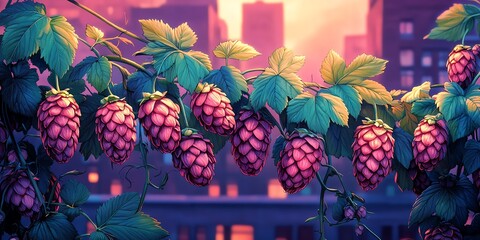 Pink hops vine, urban sunset backdrop.