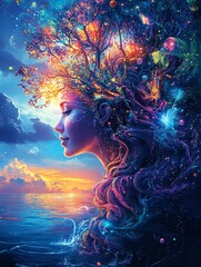 Vibrant fantasy art of a woman with a tree growing from her head.