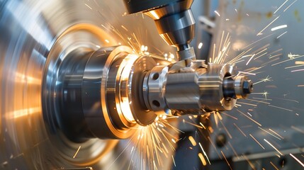 Close-up of groove turning operation on a lathe, demonstrating a cutting tool creating precise grooves on a metal workpiece
