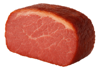 A close-up of a slice of pink corned beef with a fine texture and a glossy outer coating.