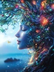 Serene woman, tree of life, fantasy art.