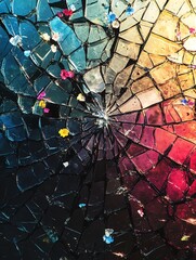 Colorful shattered glass art with flowers.