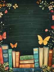 Chalkboard background with books, butterflies, flowers.