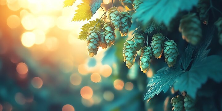 Golden hour sunlight on hops bines.