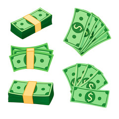 Stack and Bundle of Dollar Bills Isolated on White Background – Money Cash Illustration Set

