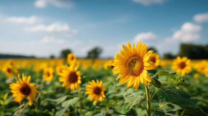 Obraz premium Bright sunflower field under sunny blue skies during daytime