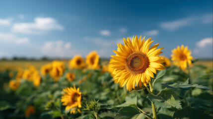 Fototapeta premium Close-up of vibrant sunflowers in a field under a clear blue sky