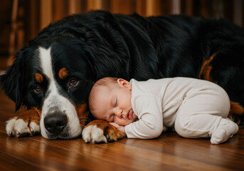 Obraz na płótnie Canvas Cute little baby sleeping with big dog