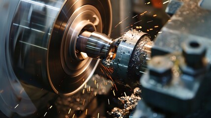Close-up of groove turning operation on a lathe, demonstrating a cutting tool creating precise grooves on a metal workpiece
