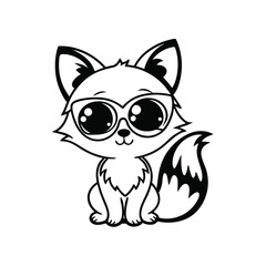 Cute Fox Cartoon Black and White Design Sitting with Glasses and Bushy Tail Art