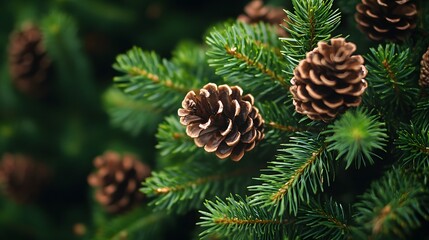 Artistic Winter Charm: Detailed Close-Up of Lush Evergreen Branches with Perfect Pine Cones Highlighted in a Holiday Inspired Composition