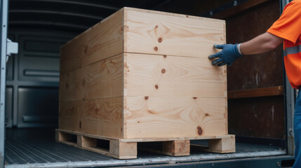 Person in orange vest is loading large wooden crate onto pallet inside delivery truck. scene conveys sense of logistics and transportation