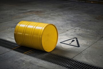 Chemicals emergency response team concept. A spilled yellow barrel on a concrete floor with a caution symbol nearby.