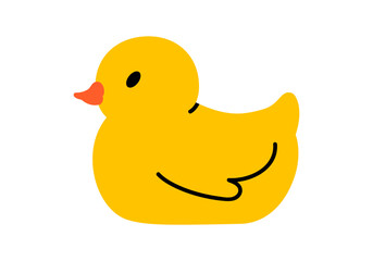 Hand drawn cute cartoon illustration of yellow rubber duck character. Flat vector bathroom toy bird doodle. Float animal mascot icon or print. Beach or pool holiday sign. Isolated.