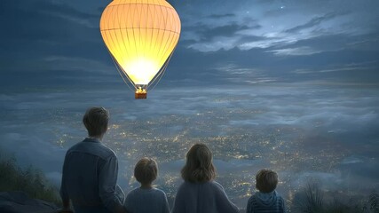 Family Waves Goodbye as Balloon Drifts into a Colorful Skyline