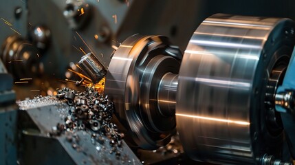 Close-up of groove turning operation on a lathe, demonstrating a cutting tool creating precise grooves on a metal workpiece