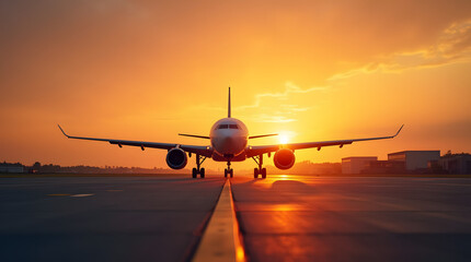 A large passenger Boeing plane stands on the runway at the airport in the evening. Beautiful sunset at the airport with the plane in the background.