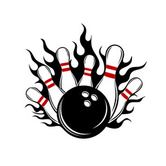 Bowling Ball and Pins with Flames Vector Illustration for Strike Concept