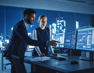 Business colleagues reviewing financial data at night