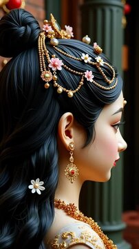 Exquisite Radha Krishna Murti Hairstyle Close Up Featuring Intricate Braids Adorned with Jewels and Pearls