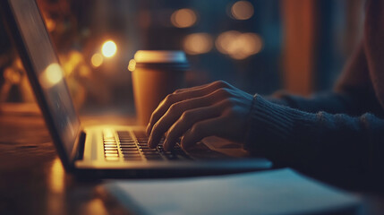 A close-up of hands typing on a laptop keyboard, with a cup of coffee and a notebook beside, warm lighting
