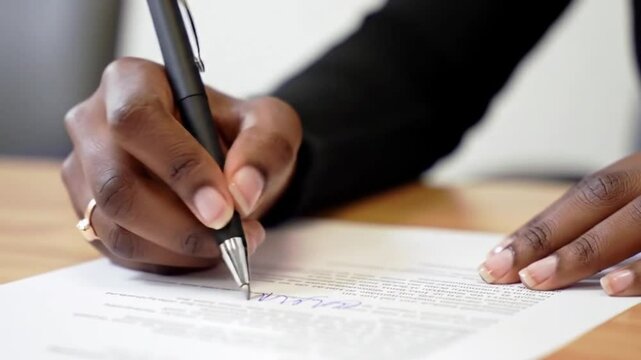 Close-up of African American Womans Hand Signing Legal Document with Pen on Desk, Business Agreement and Contract Finalization Concept