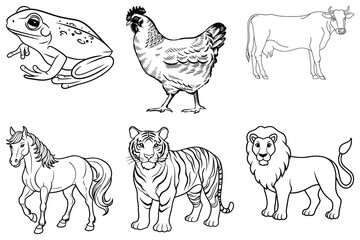 Farm Animals and Wildlife Line Art Drawings of Various Creatures