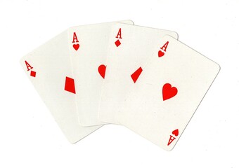 A hand of four red playing cards of the same value isolated on a white background.