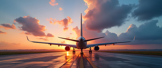 The plane stands backwards on the runway and taxis to the parking lot against the backdrop of a beautiful sunrise.