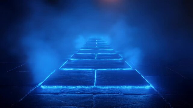 A glowing blue pathway emerges through a misty atmosphere, leading into an unknown destination