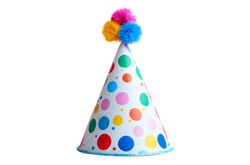 A colorful birthday hat with multicolored polka dots and pink pom-poms on top, isolated against a white background.